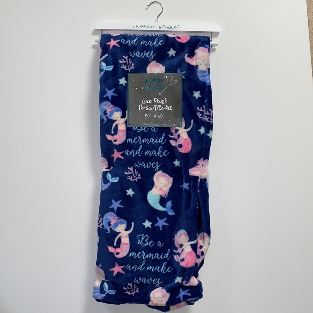 Mermaid girls blue pink soft throw blanket on hanger 50x60